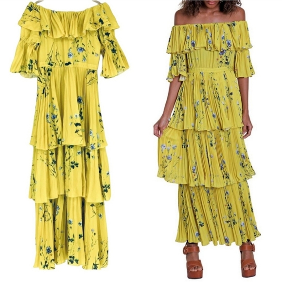 Aqua Pleated Tiered Floral Maxi Yellow Dress Size Large Bloomingdale’s Exclusive - Picture 2 of 5